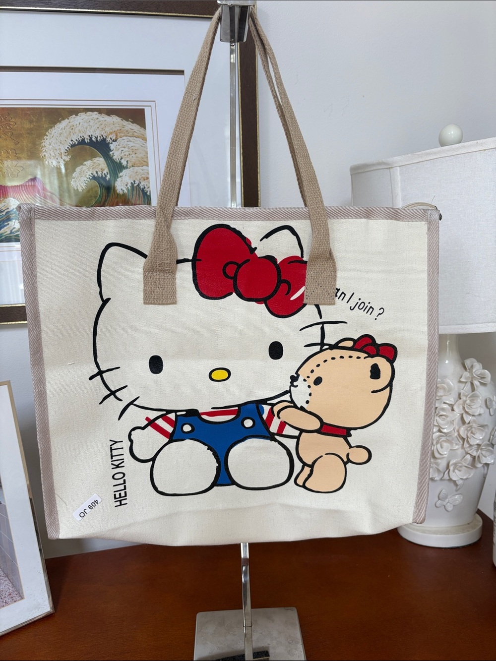 Hello Kitty Cream Tote with Red Bow and Blue Outfit